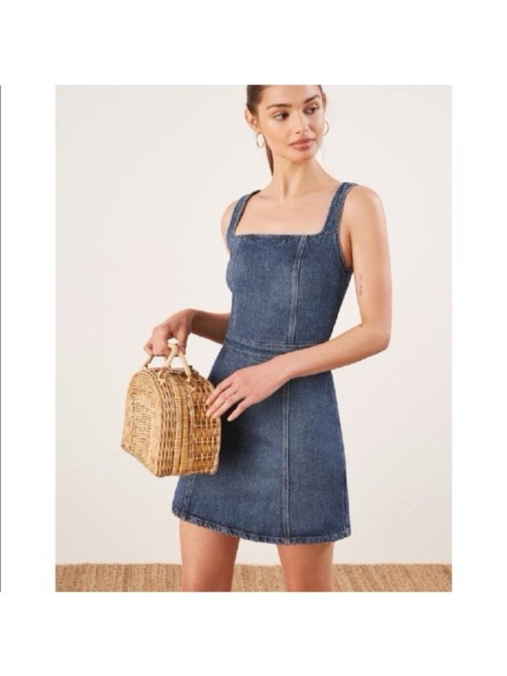 Reformation Womens Parker Denim Pinafore Dress Sz 14 Blue Square Neck Minimalist - Picture 2 of 12